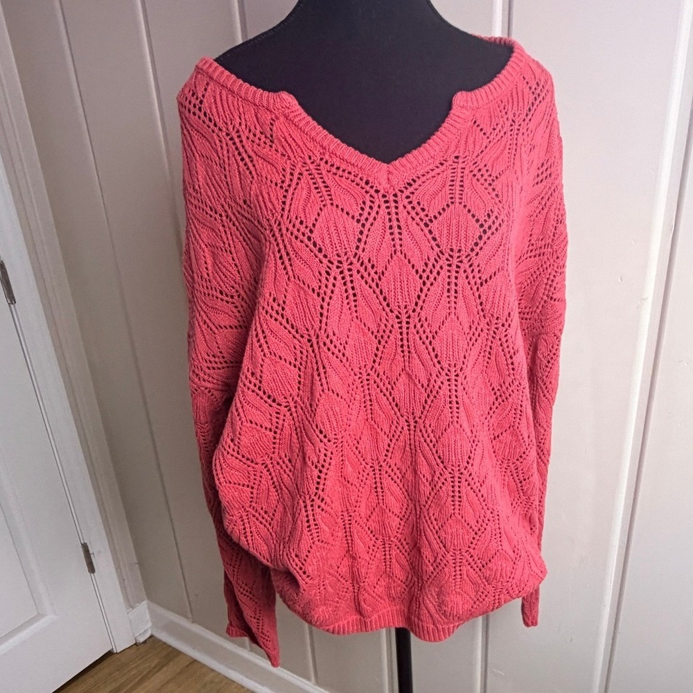 Peace Love World Boheme Collection Pink Pointelle V-Neck Knit Sweater Large